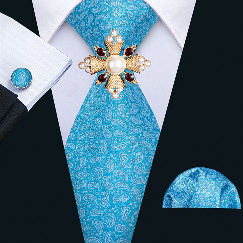 

Barry.Wang New Desinger Blue Paisley Wedding Tie Hanky Brooch Set Silk Necktie For Men Gift Wedding Groom Business Party