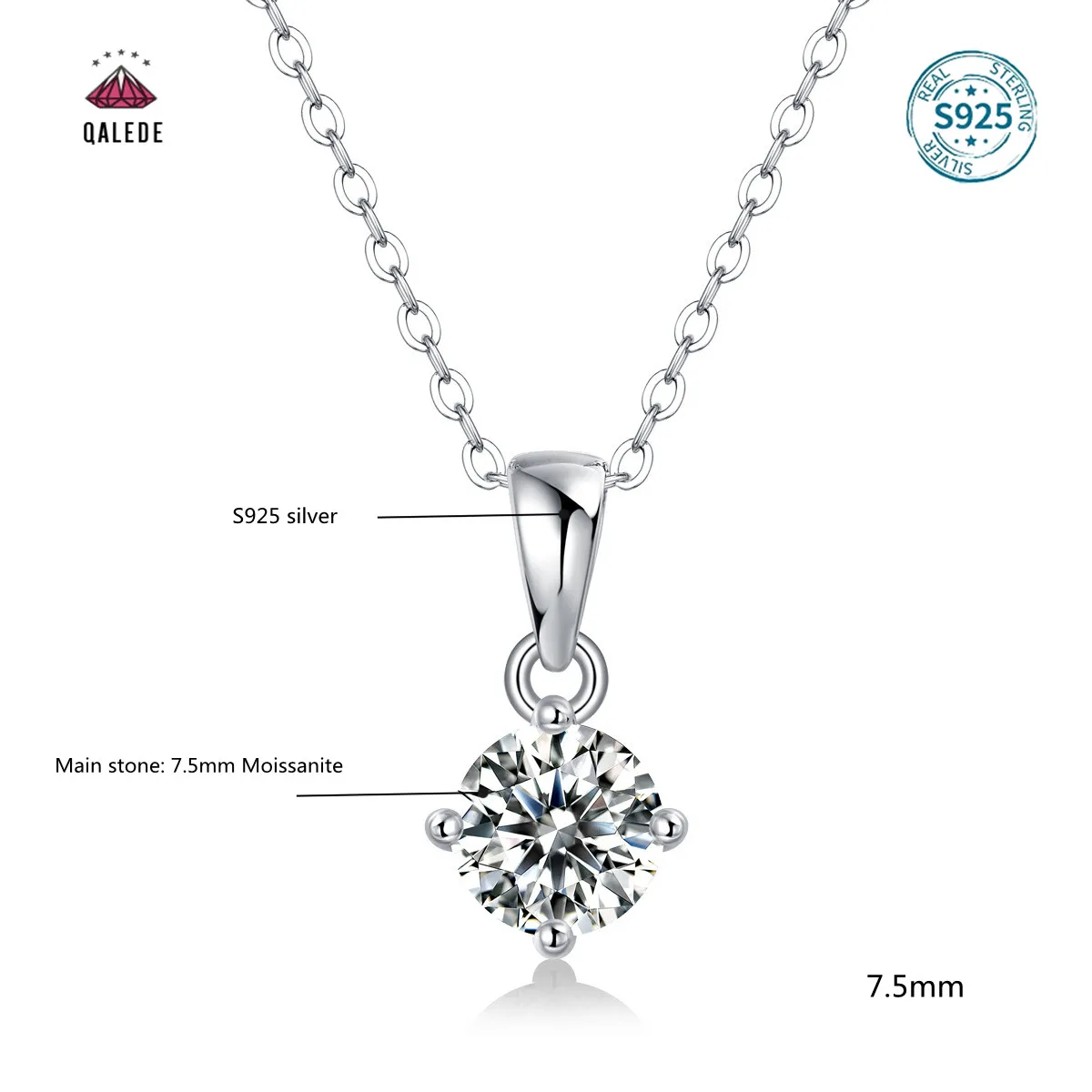 

QALEDE Women's Necklace S925 Silver Inlaid Moissanite Four Prong Pendant Simple Clavicle Chain Gift