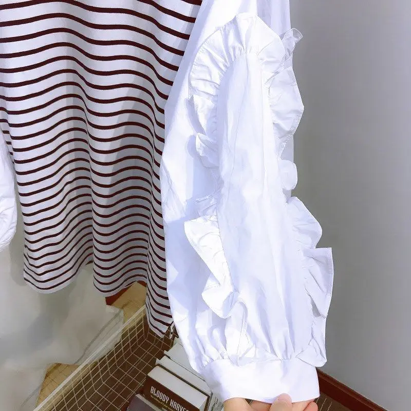 

Butterfly Sleeve Blouse 2021 Spring Womens Korean Style Striped Loose Long Sleeve Tops Female Ruffles Pullover O Neck Clothes
