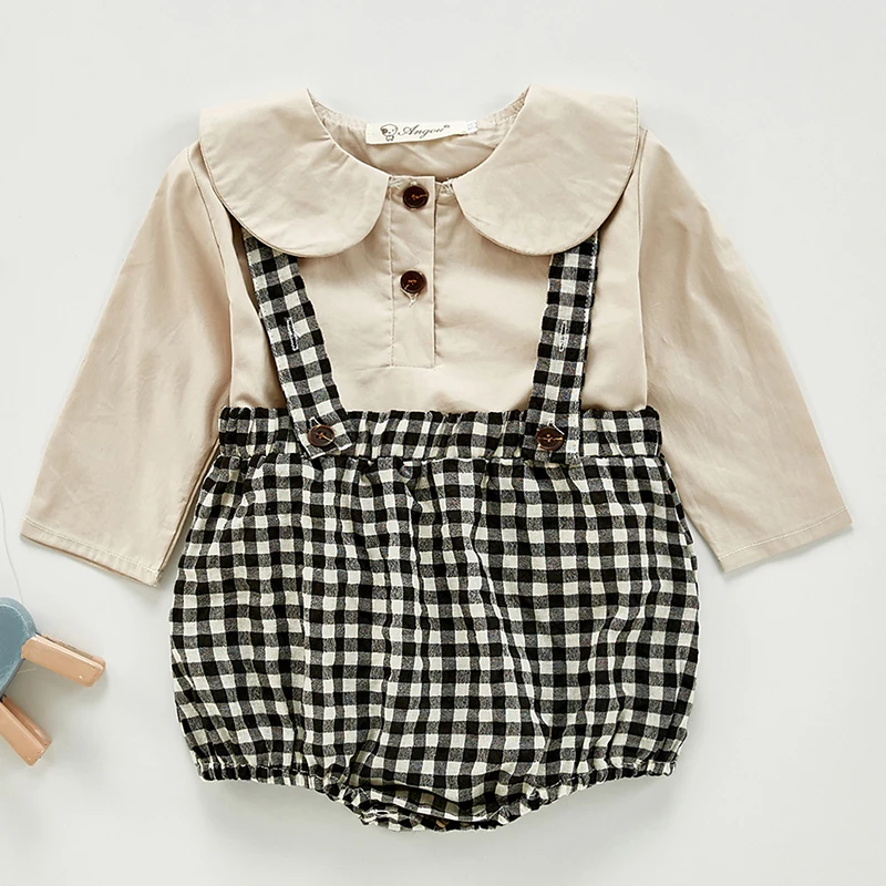 

Осенние комплекты одежды для маленьких девочек, хлопковая рубашка с длинным рукавом + комбинезон, костюм для маленьких девочек, одежда в Кор...