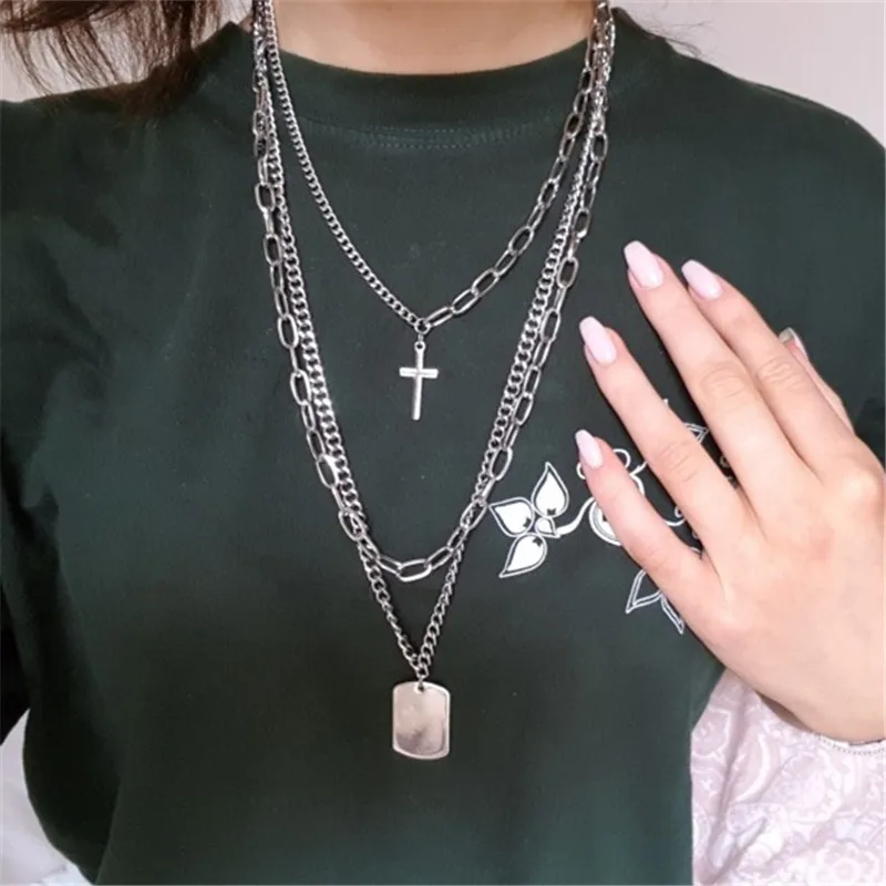 

Frosty Style Personality Hip-hop Fashion Jewelry Clavicle Chain Women Couple Multi-layer Trendy Cross Necklace Long Chain Board