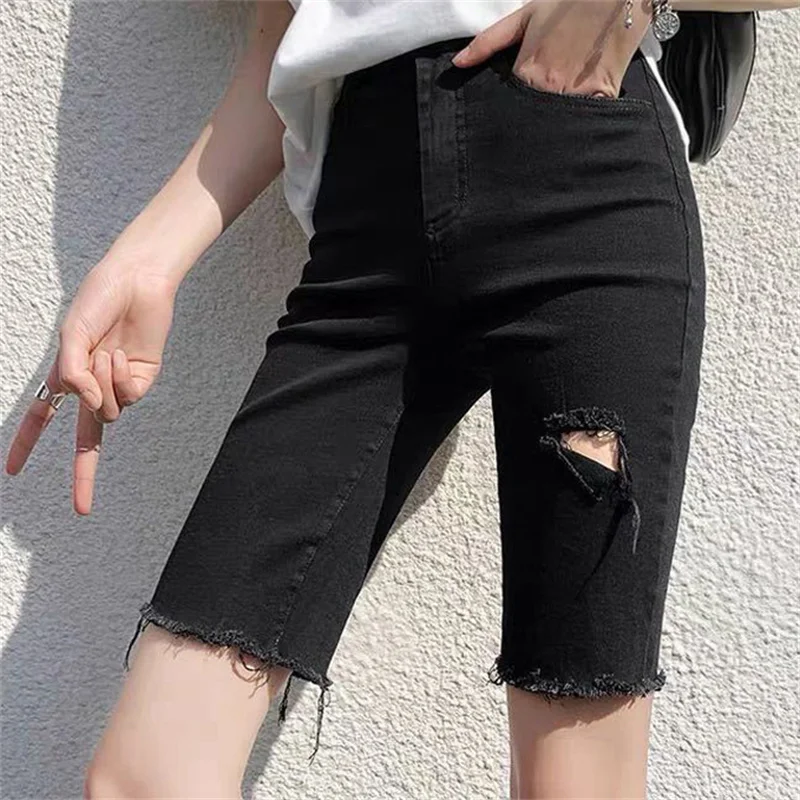 

Cowboy Elastic Hole Lady Chic Femme Harajuku Skinny Denim All-Match Plus Size Slim Jeans Summer Comfortable Casual Shorts