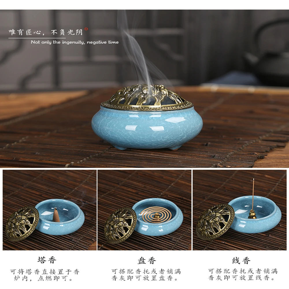 

Ice Cracked Ceramic Incense Burner With Bronze Cover Household Incense Stick And Incense Coil Burner holder