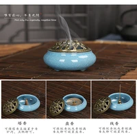 ice cracked ceramic incense burner with bronze cover household incense stick and incense coil burner holder