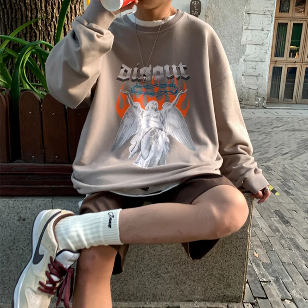 

Angel Print Pullover for Men 2021 Spring Summer Casual O-neck Long Sleeve Hooded Sweatshirts Couple Clothing Oversize Streetwear