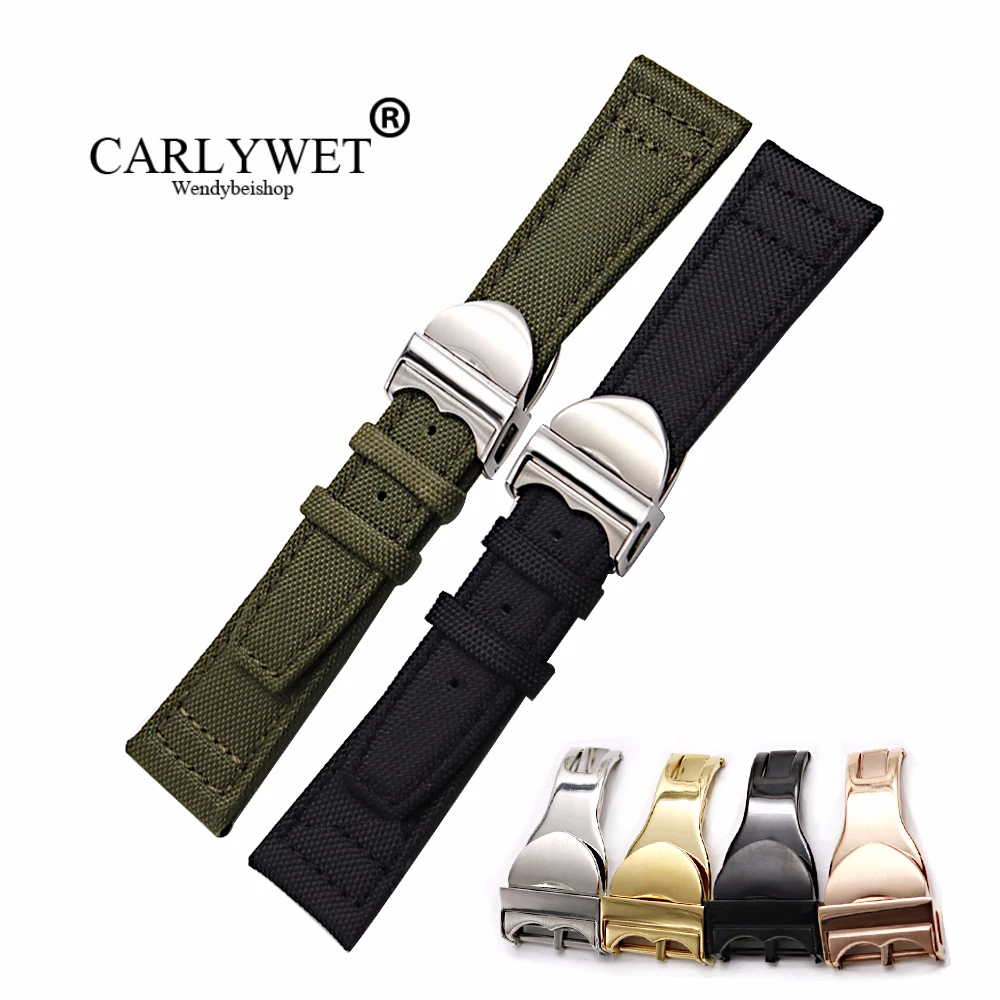 

CARLYWET Wholesale 20 21 22mm Green Black Nylon Fabric Leather Band Wrist Watch Strap Belt With Deployment Clasp