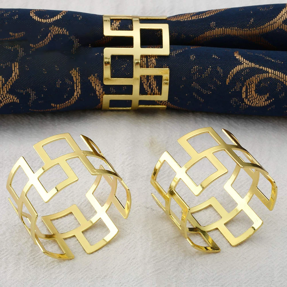 

6PCS Napkin Rings Napkin Holder Square Hollow Shape Metal Rings for Christmas Parties Wedding Adornment Table Decoration