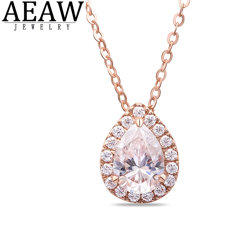 

AEAW DF Color VVS1 Moissanite Necklace 1Carat 5x7mm Pear Cut Classic Style Solid 18k Rose Gold Fine Pendant For Lady