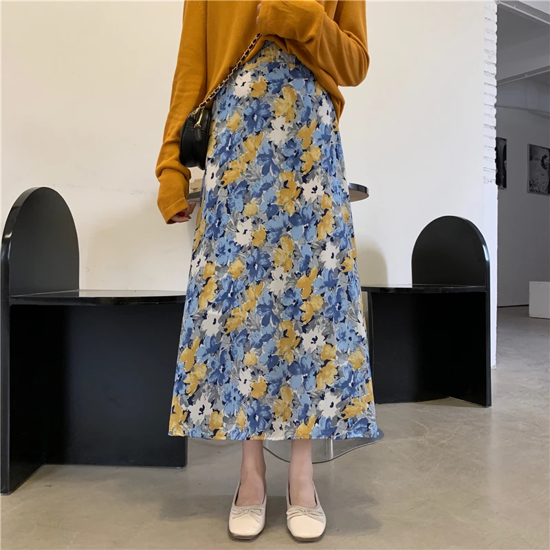 

HziriP New Gentle Fashion Retro Oil Painting Mid-Lngth Ladies Skirt 2021 Casual All-Match High-Waist Summer Floral A-Line Skirt
