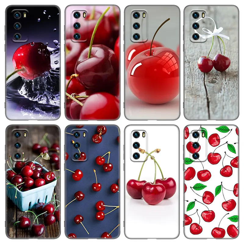 Red Cherry Summer Fruit Case For Huawei P20 P30 P40 P50 Pro P8 P9 P10 Lite 2017 P Smart Z S 2020 2021 Pro 2018 2019 Black Cover