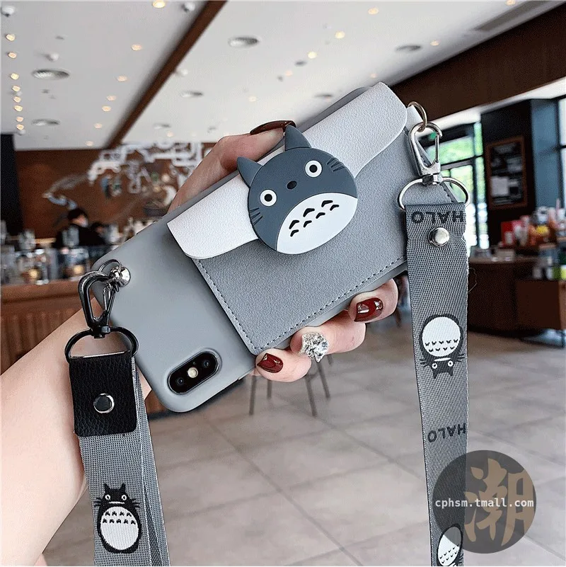 

3D Japan cartoon Card wallet lanyard soft case for iphone 12 11 Pro Max X XR XS 7 8 6S plus SE 2020 for samsung S8 9 S10 A51 A71