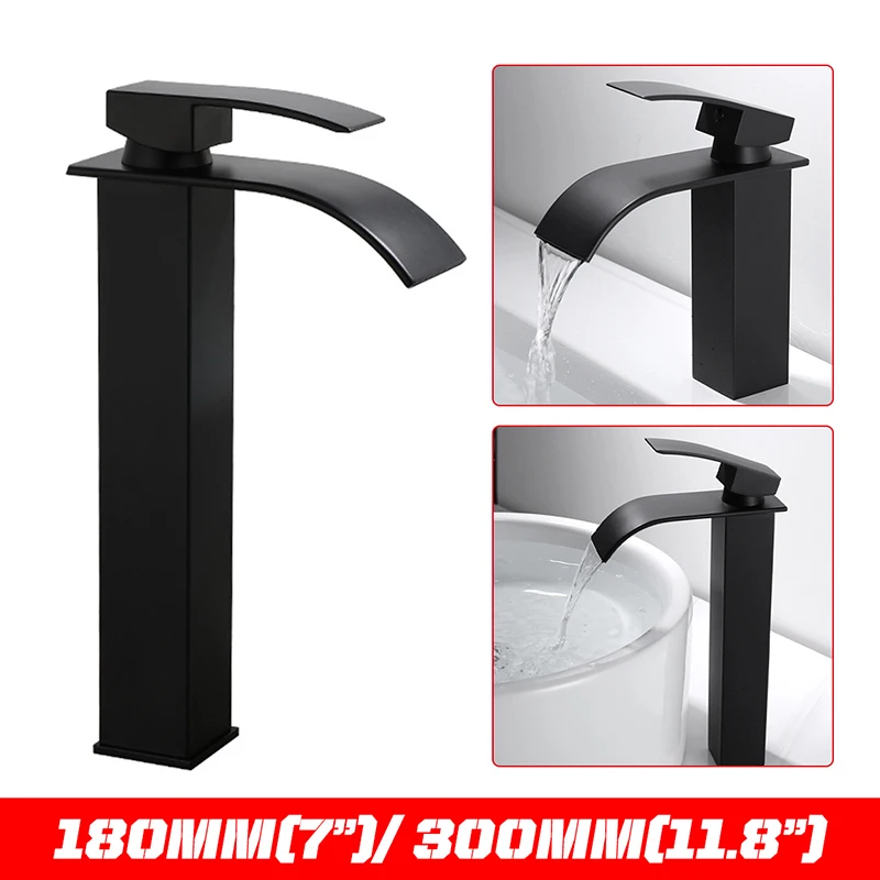 

Faucet Stainless Steel Faucet Bathroom Waterfall Basin Faucets Blacked Hot Cold Mixer Tap Single Hole Deck Mounted Washbasin Tap