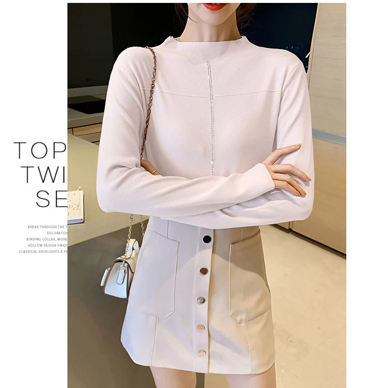 Осенняя мода свитер с воротником-хомутом рубашки для женщин однотонный вязаный