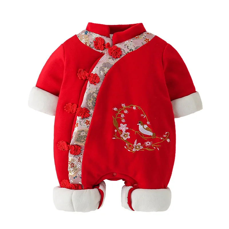 

Baby Onesies Girls Autumn and Winter Plus Velvet Thick Embroidery Chinese Style One-piece Romper Gown Out Romper