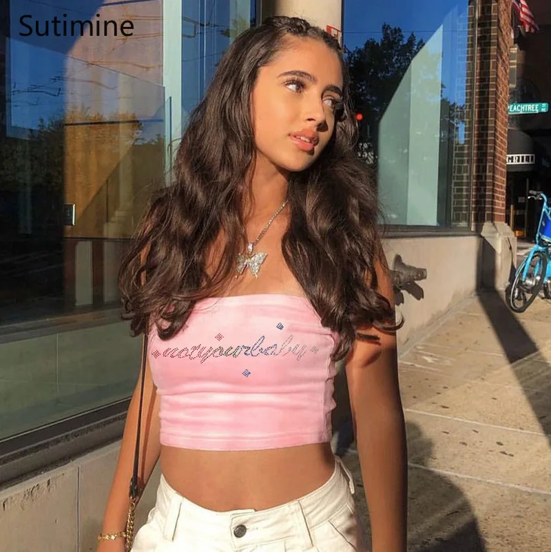 

Summer Women Sexy Strapless Tube Tops Pink Velvet Tube Top Sleeveless Crop Top Lady With diamond Sequins