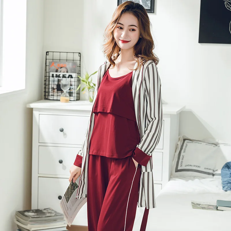 New Fashion Long V-neck Cotton Confinement Three-piece Suit with Belt for Maternity and Nursing Stripe Pajamas After Childbirth