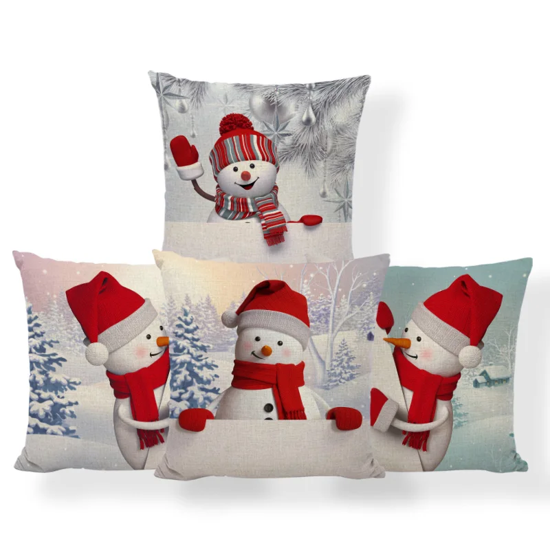 

Luxury Fun Pillowcase White Snowman Christmas Snow Cartoon Throw Pillowcase Home Polyester Linen Decoration Sofa Cushion Cover