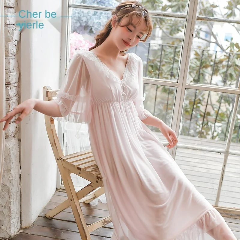 

Yierle with bra pajamas women's summer short sleeve court style mesh modal Lace Sexy nightdress long thin