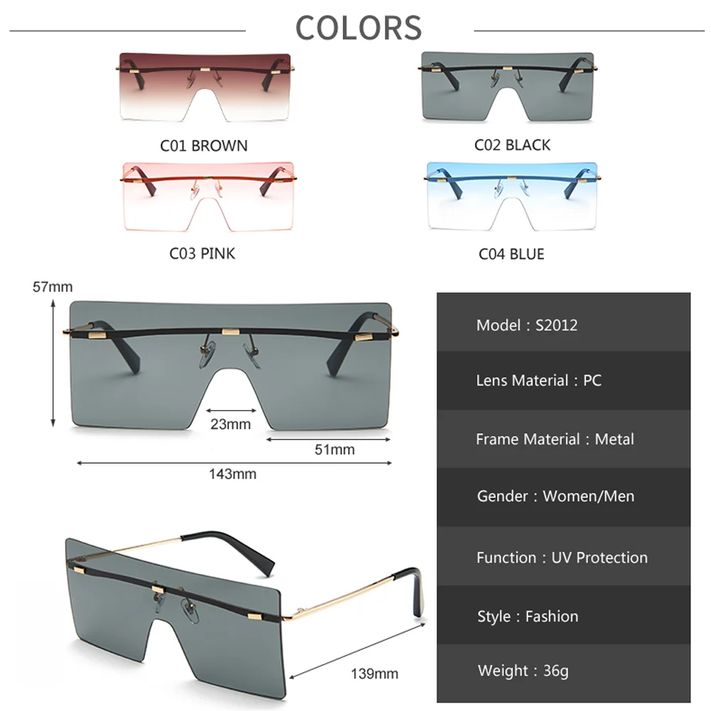 

New Oversized Rimless Square Sunglasses Women Men Luxury Fashion Flat Top One Piece Blue Sun Glasses Male UV400 Shades Gafas