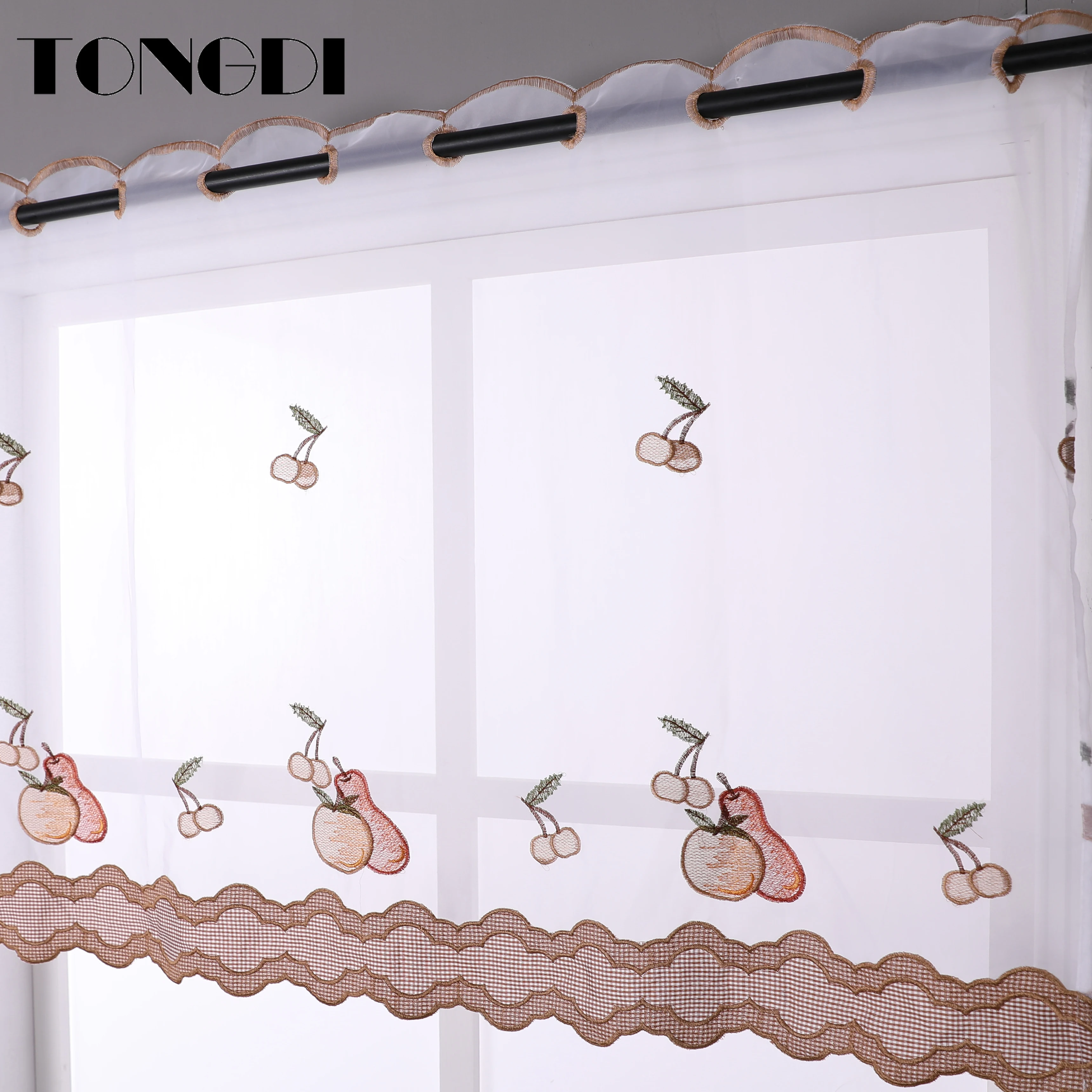 

TONGDI Kitchen Curtain Valance Sheer Tiers Pastorall Fruit Cafe Tulle Beautiful Embroidery For Window Of Kitchen Dining Room