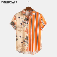 incerun 2021 men casual shirt printing striped patchwork short sleeve lapel fashion mens hawaiian shirt streetwear camisas s 5xl