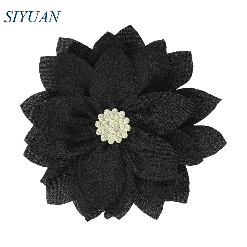16-black 50pcs/lot 9cm Multy Layer Fabric Flower with Rhinestone Chic Lotus Flower Kids Lovely Headwear Accessories High Quality TH300 - Цвет: 16-black