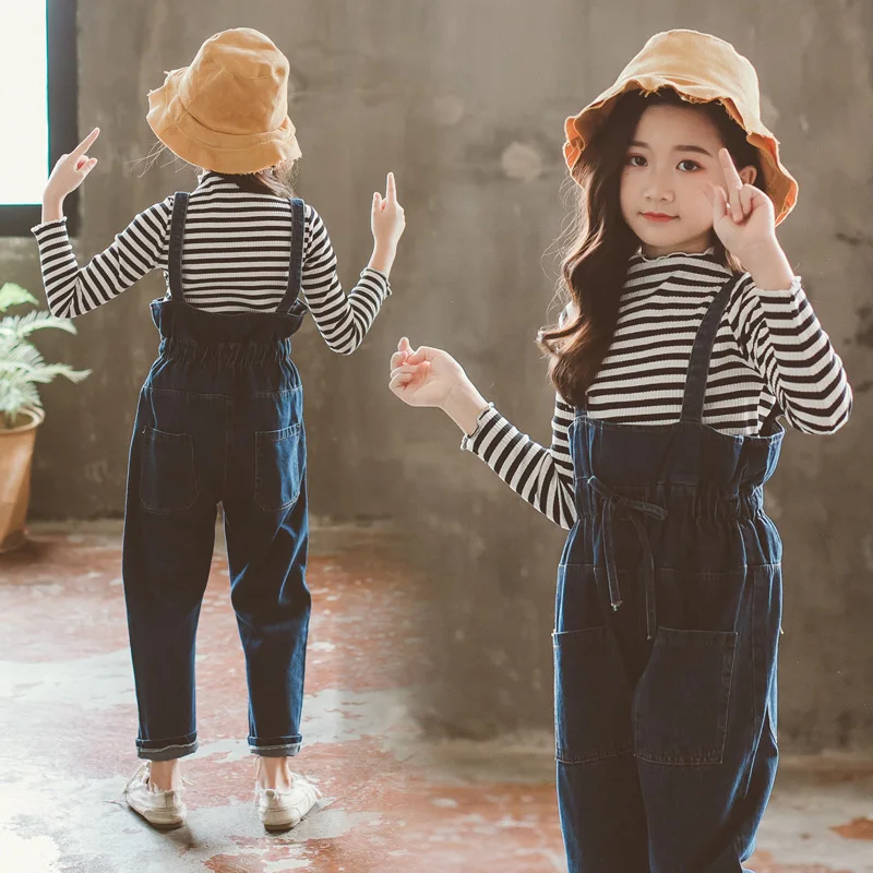 Модные осенние комплекты детской одежды для девочек 2020 г. Полосатая футболка +