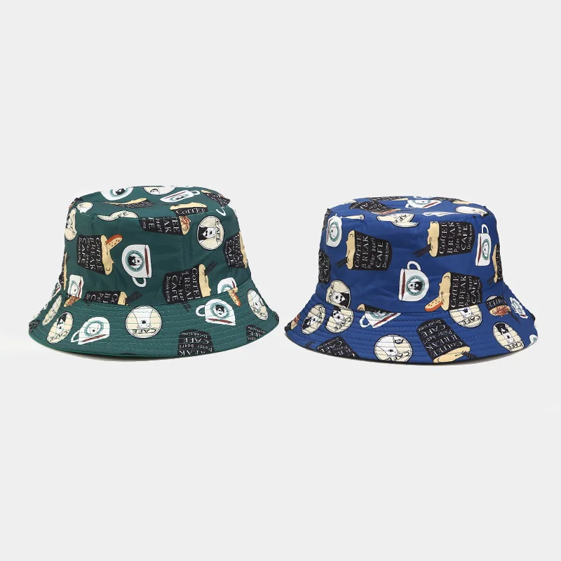 

Reversible Unisex Bucket Hat Print Coffee Chapeau Casual Fishing Sun Hat Bob Caps Panama Outdoor Cap Summer Bucket