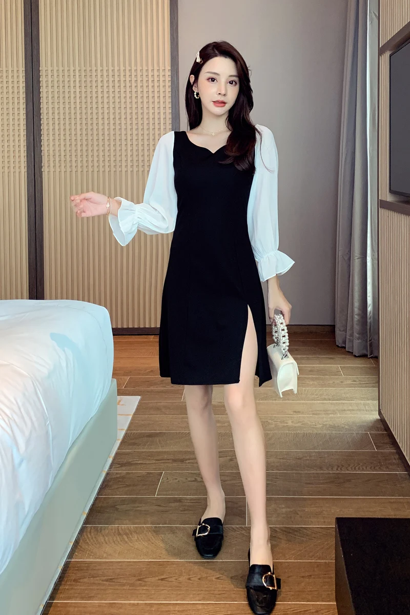 

COIGARSAM Sexy Patchwork Women one-piece dress korean New Spring French Style Vintage Dresses Black 8106