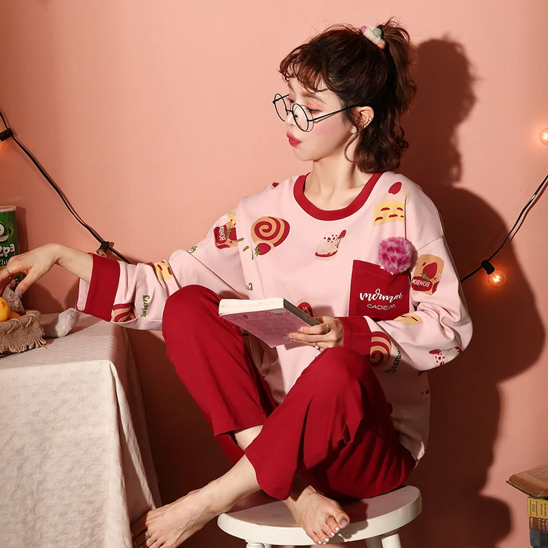 Foply Cartoon Pajamas for Women Full Cotton Pyjamas Sleepwear Nightwear Pijama Mujer Home Wear Plus Size Long Pants Nightsuit