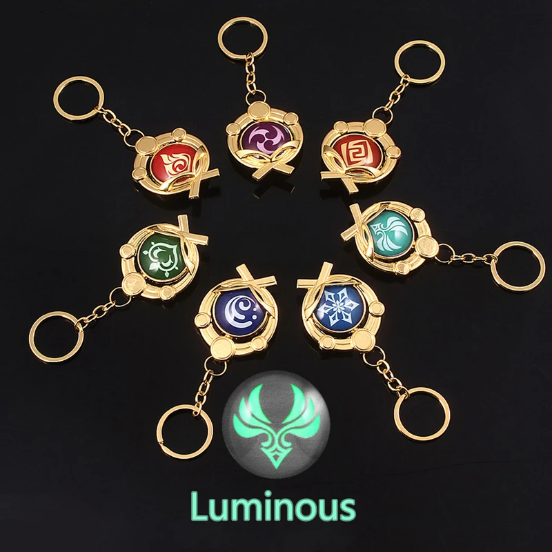 Game Genshin Impact Vision Lnazuma Ganyu Keqing Wendi Xiao Keychain Luminous 7 Element Weapons Eye Of Original God Toy KeyRing