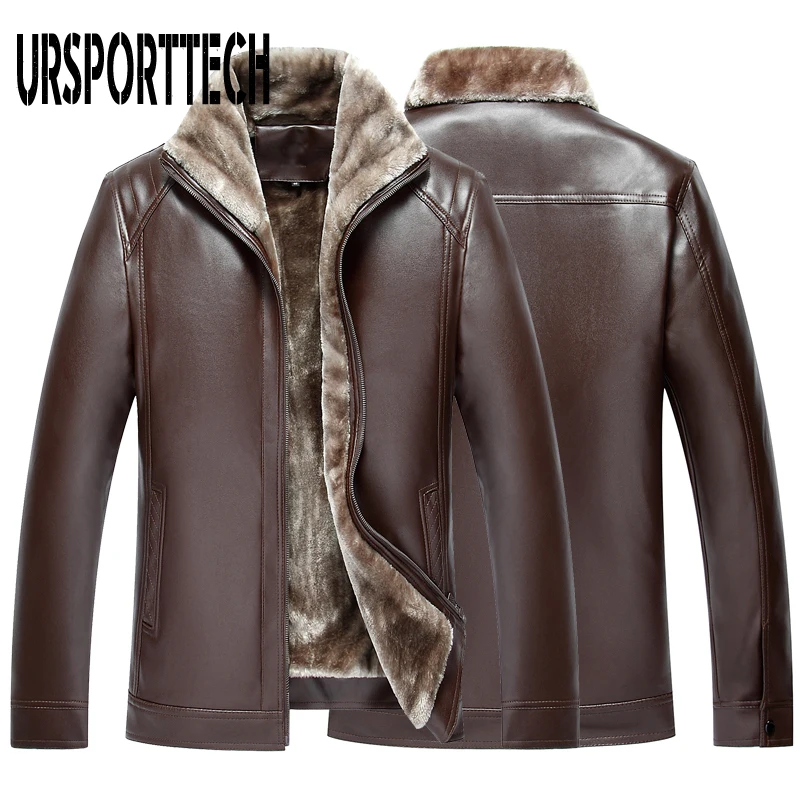 New Fashion Men's PU Leather Jacket Mens Brand Clothing Thermal Outerwear Winter Fur Male Fleece Leather Down Jackets Coats