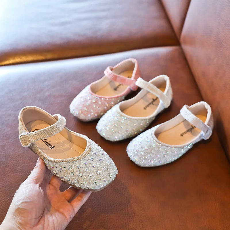 

Toddlers Dress Shoes Girls Flats Princess Bling Rhinestone Shallow Kids Party Wedding Shoes Big Children Leather Crystal Shoes