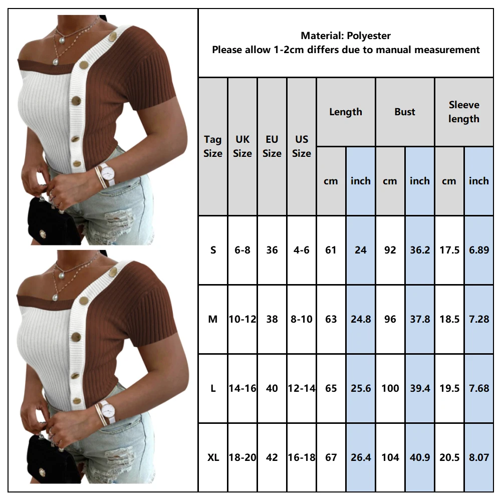 

Patchwork Ribbed T-shirt Women Summer Short Sleeve Contrast Color Tee Shirt Fashion Stylish Asymmetrical Ladies Button Tops D30