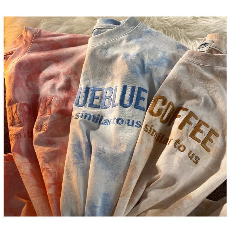 Женские футболки с коротким рукавом вышивкой букв Tie Dye в стиле хип-хоп свободные