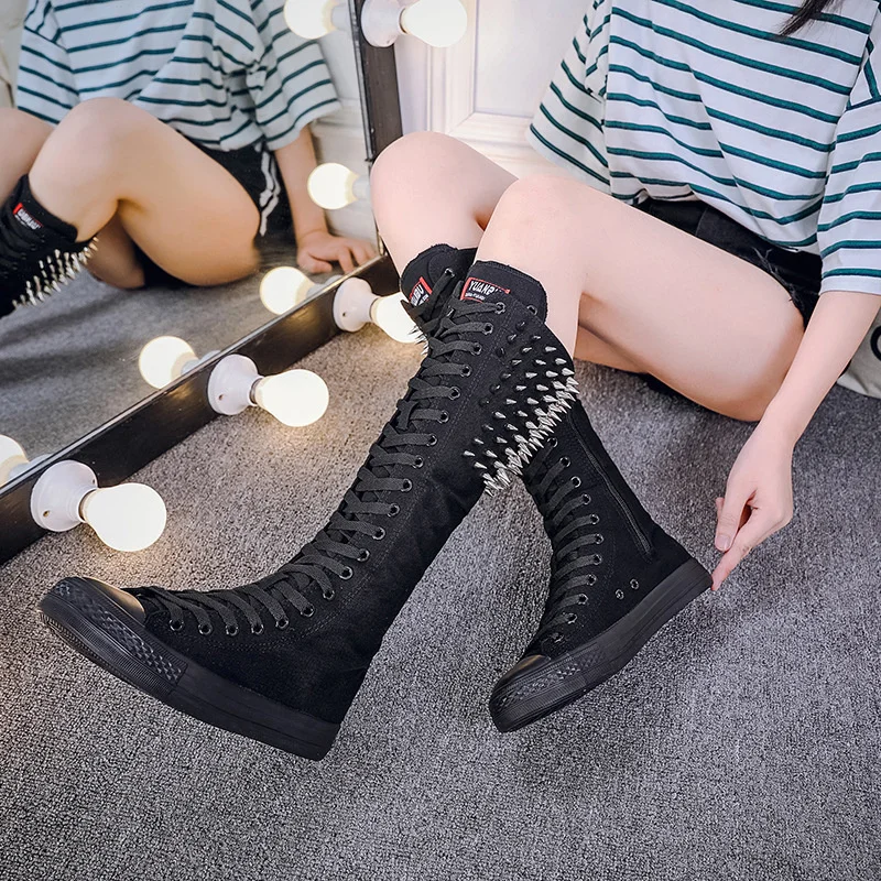 

2020 new punk rivet shoes versatile dance lace up side zipper super high top shoes boots women's shoes