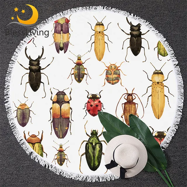 BLessliving  Beetles Beach Towel Insect Round Bath Towel With Tassel Toalla Watercolor Summer Blanket Colorful Hipster Beach Mat 1