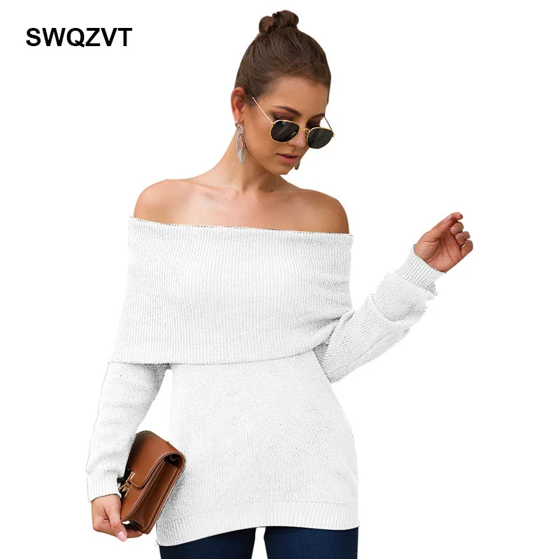 Женский трикотажный свитер облегающий пуловер с открытыми плечами на осень и