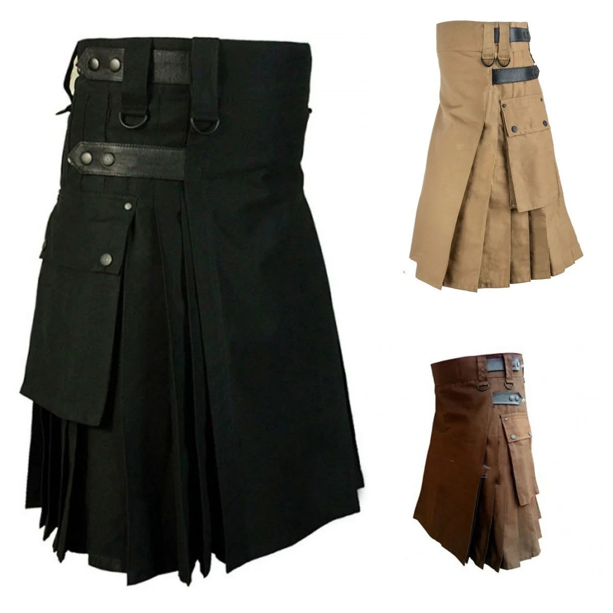 

Holiday Utility Kilt Cargo Pocket Tartan Pleated Skirt Celtic Scottish Larp Costume Strap Cotton Bottoms Solid Color For Men