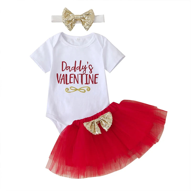

Newborn Baby Girls 1st Valentine's Day Short Sleeve Romper Tops Bow Tutu Skirt Headband Outfits Clothes