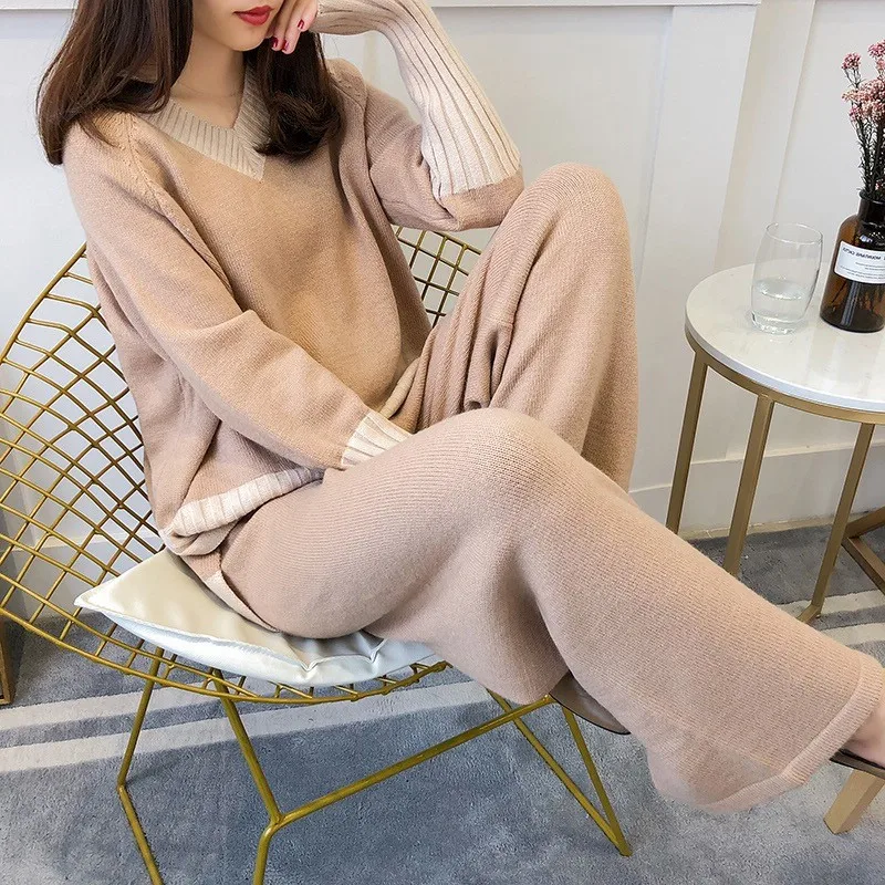 

SONDR 2020 Winter New Women Two Pieces Sweater Suite V Neck Loose Style Female Knit Jumpers Wide Leg Pants Sweater Suit Korean