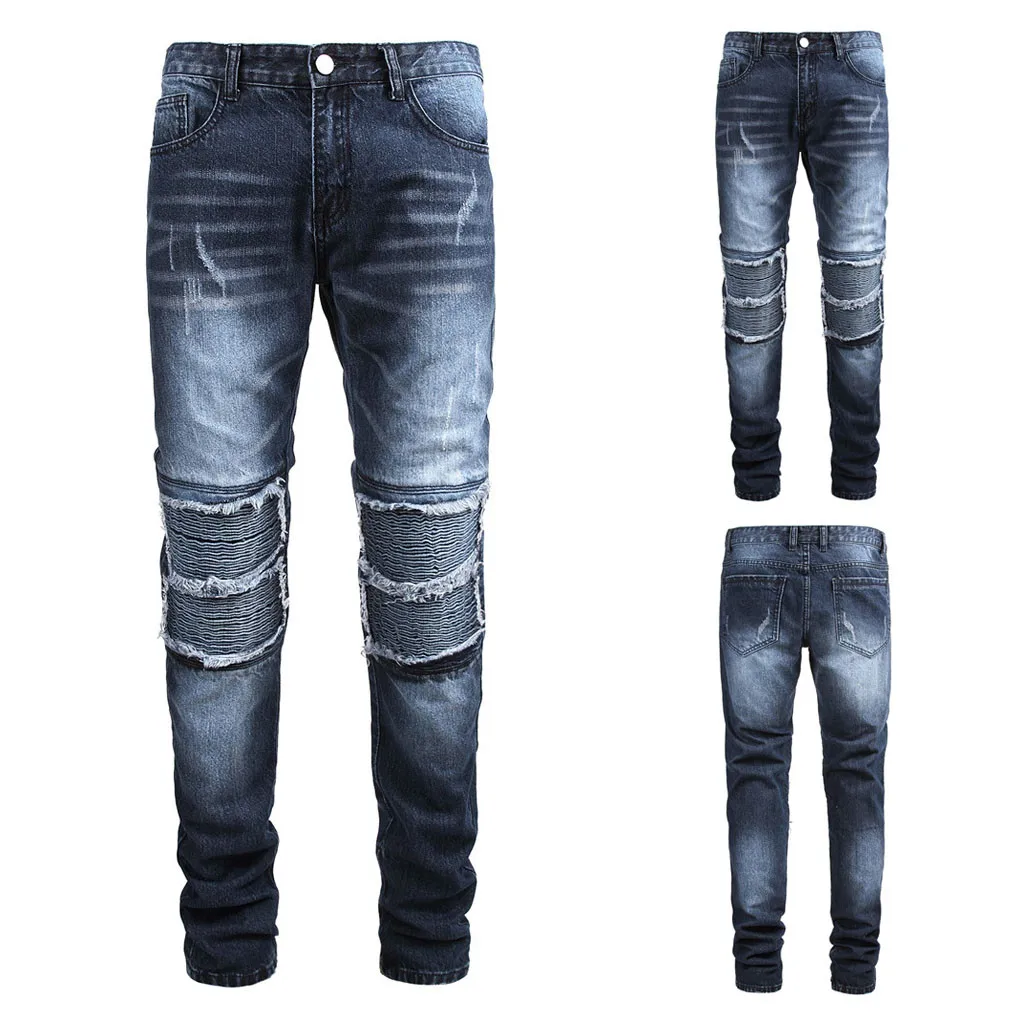 

Vogue Fashion Personality Men Casual Personality Hole Slim Wear Pleated Motorcycle Cowboy Waist Straight Trousers High Quality