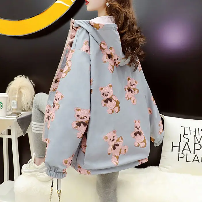 

Hikigawa Both Sides Wear Tooling Jacket Women Casual Fashion Bear Print Korean Hooded Student Coat Loose Zipper BF Style Tops
