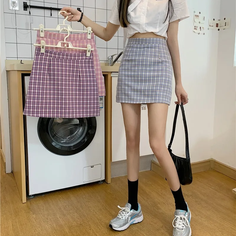 

Spring and summer 2021 new Korean version of the high-waisted slim check skirt female bag hip A-line short skirt trend