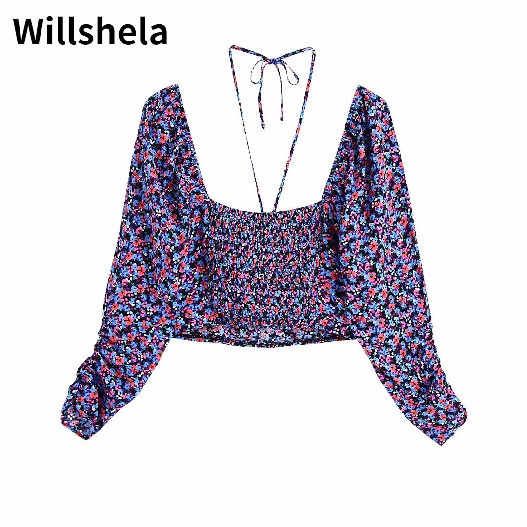 

Willshela Женская мода с бандажным принтом, укороченные рубашки с длинным рукавом и квадратным воротником, винтажная женская блузка, шикарные т...
