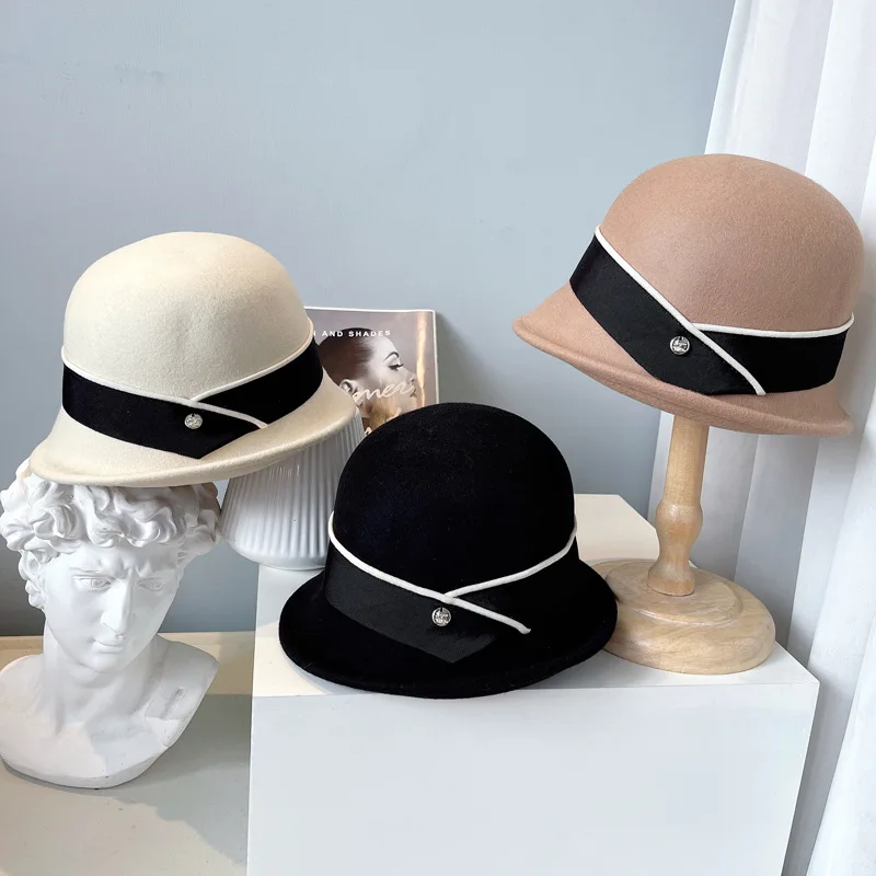 

Fashion French Bowler Hat Wool Bucket Fedoras Hat Ladies Jazz Woolen Cloche Hat Sombrero Mujer Cape Gorros Black White Khaki Cap