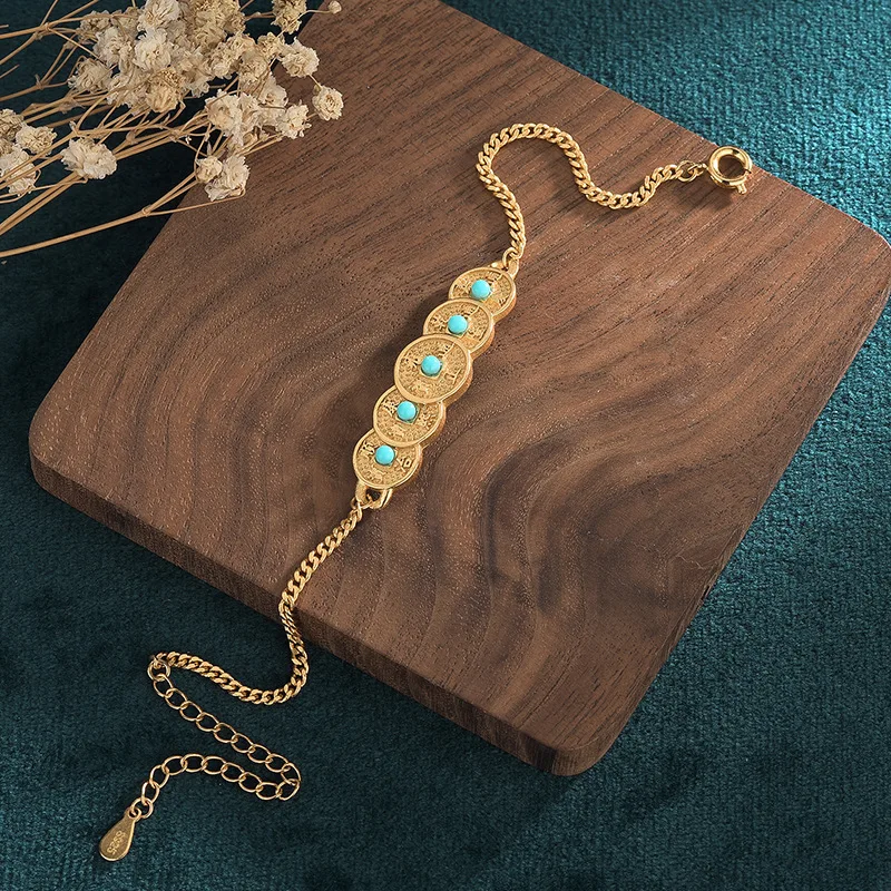 

Creative design retro dress cheongsam accessories five emperors coin imitation turquoise bracelet women