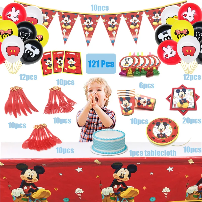 

121Pcs Disney Red Mickey Mouse Theme Cup Plate Kid Birthday Party Decoration Party Event Supplies Favor Items For Kids 10 People