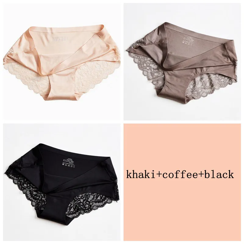 khaki coffee black 3 шт., сексуальные кружевные бесшовные трусики, женские шелковые трусы, одноцветные трусы с низкой талией, нижнее белье, Летнее белье - Цвет: khaki coffee black