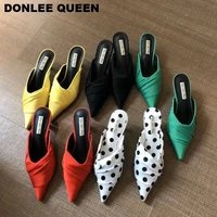 2020 brand designer slippers polka dot summer shoes sandal kitten heel mule silk pleated slides outdoor slipper zapatos de mujer